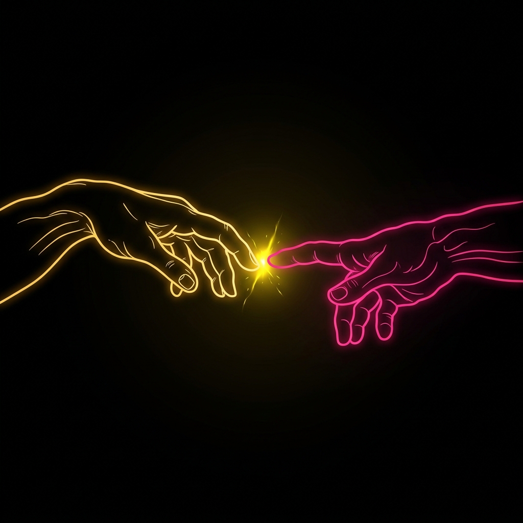 Creation of Adam hands — artistic interpretation in gold and magenta neon