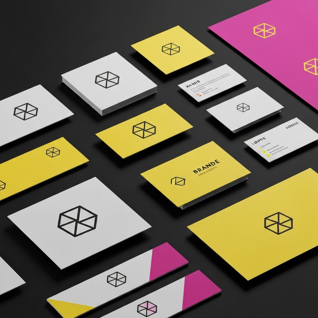 Brand identity mockup with logo marks, business cards and collateral