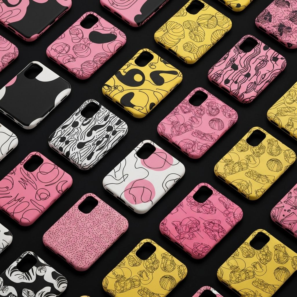 Grid of premium designer phone cases featuring bold graphic patterns