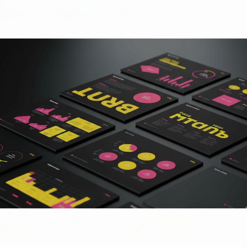 Modern pitch deck slides with bold typography and data visualizations