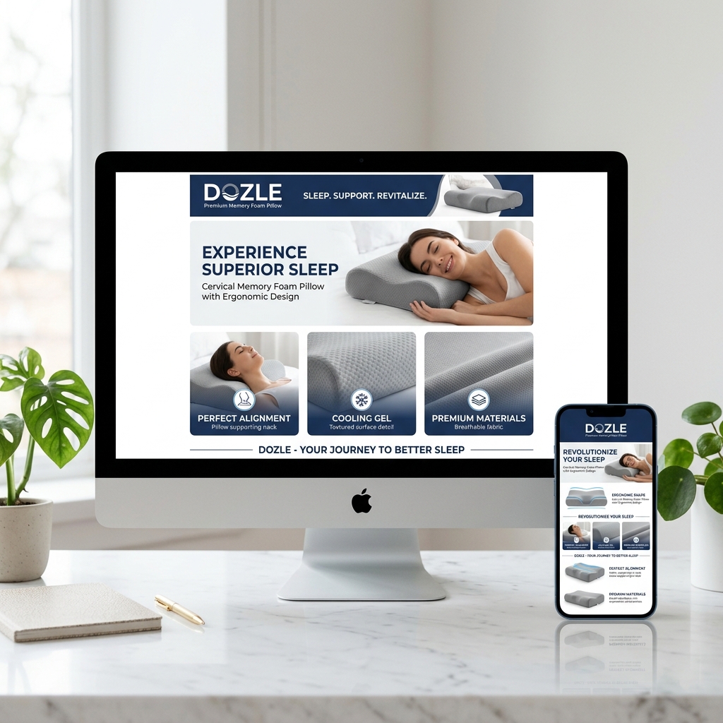 Amazon A+ content for DOzle pillow displayed on iMac and iPhone devices