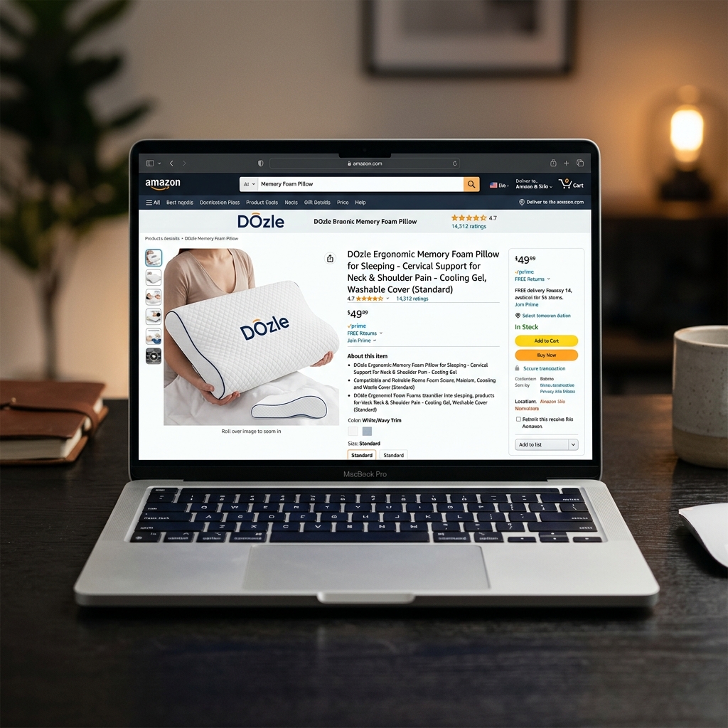 Amazon product listing for DOzle pillow displayed on a MacBook Pro laptop