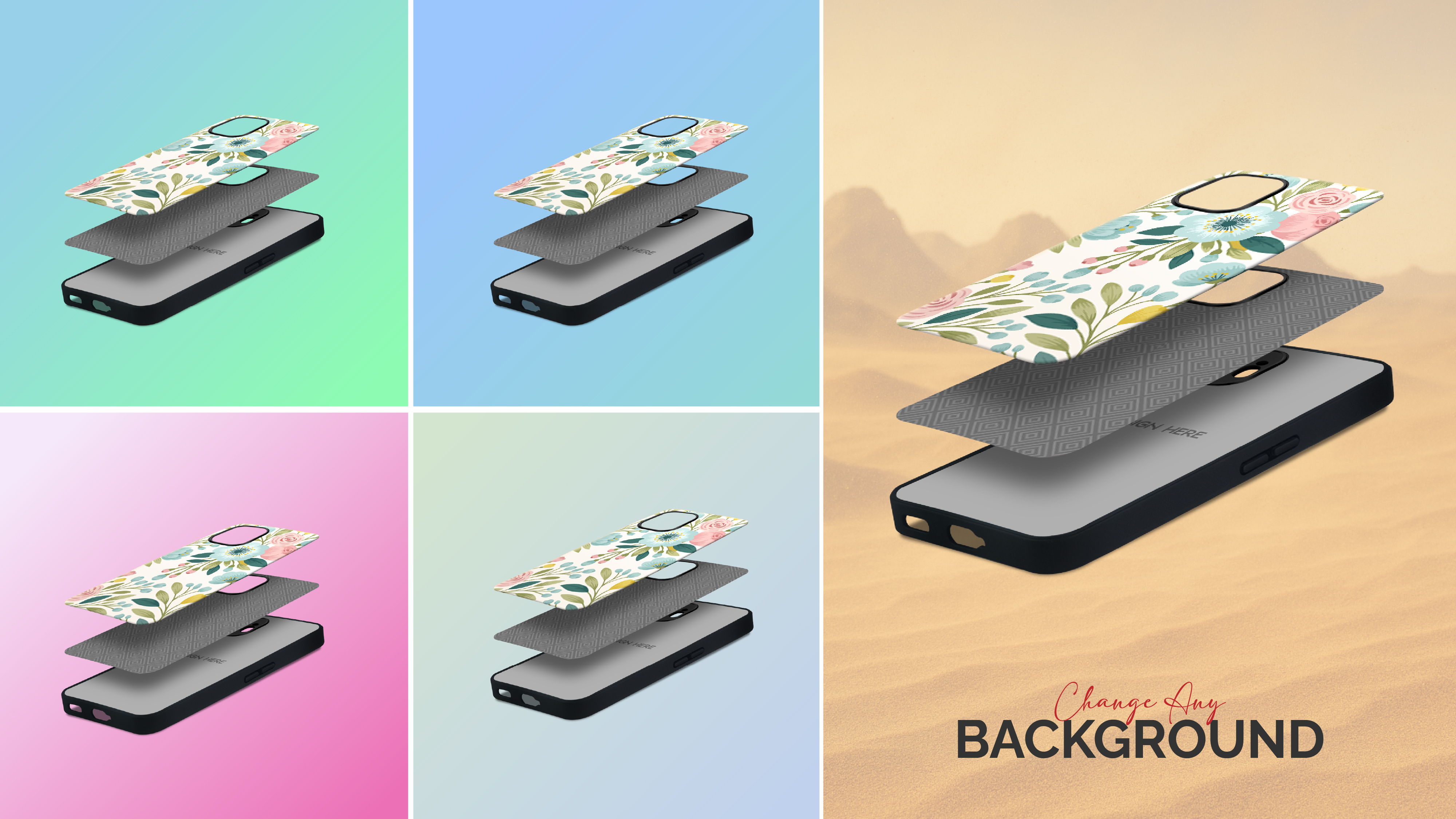 Phone case mockup with five different background options — gradient, sky blue, pink, lavender, and desert landscape