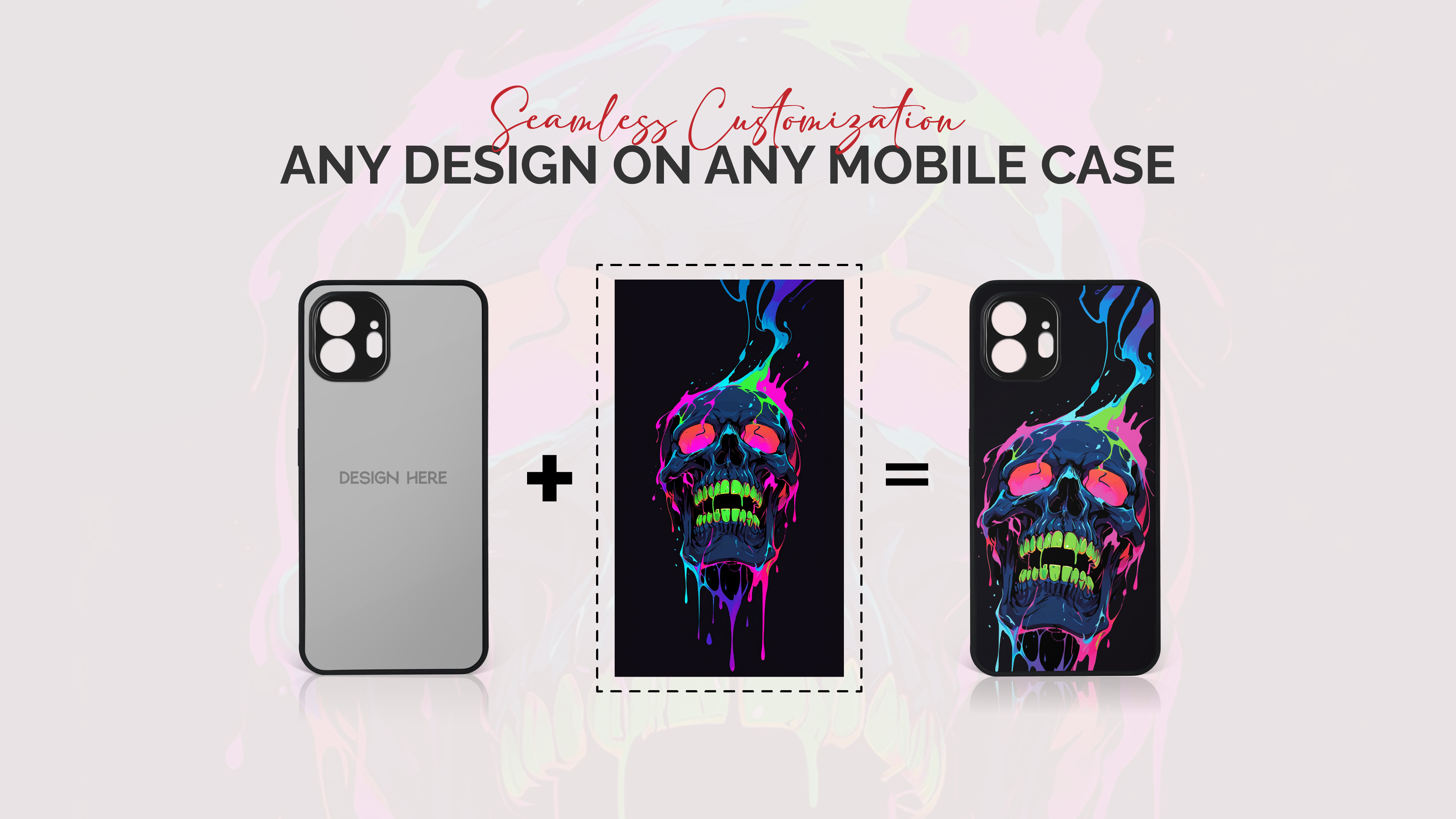 Seamless customization workflow — blank case plus artwork equals finished mockup