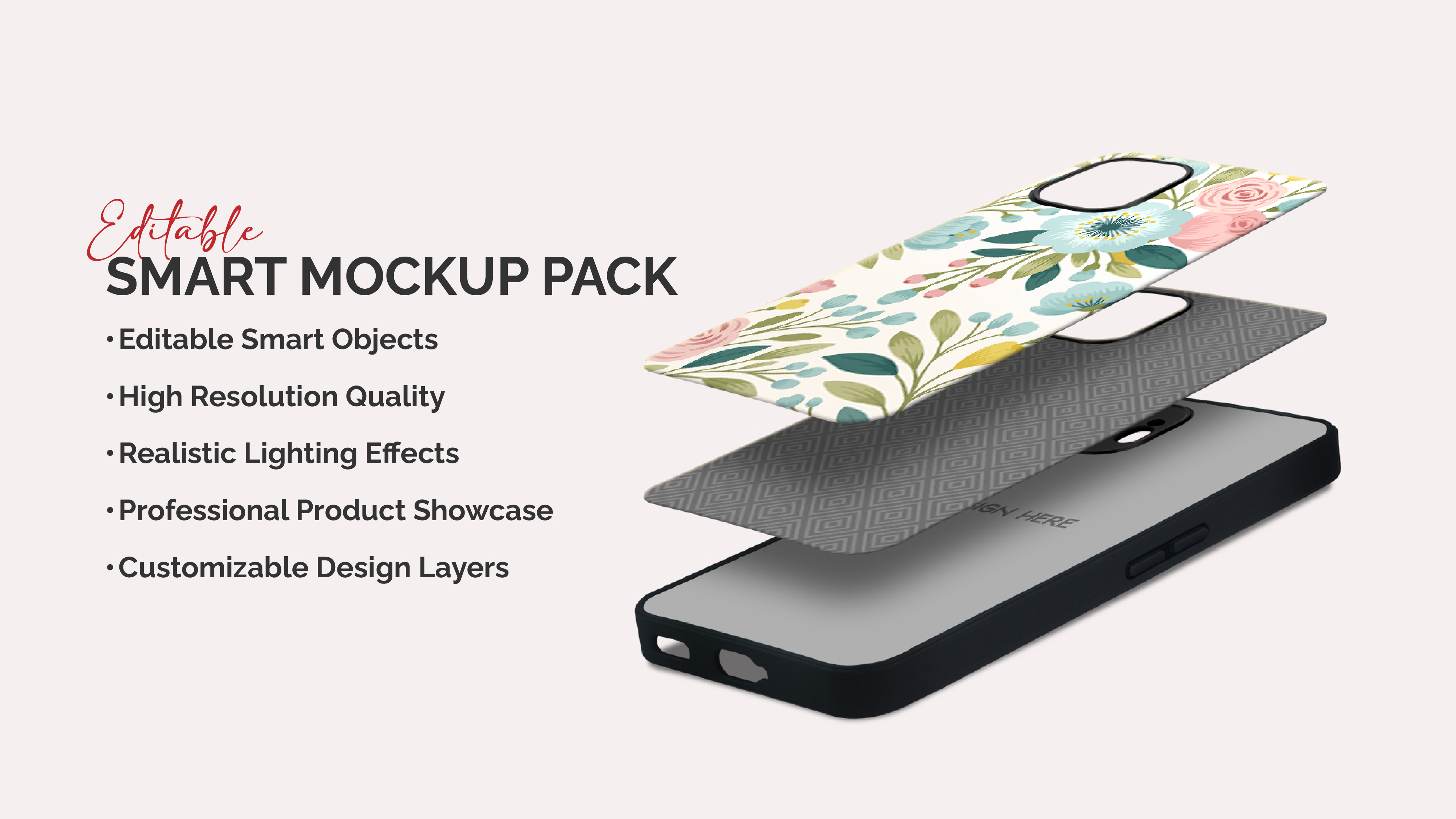 Exploded view of phone case mockup layers — artwork, case plate, and frame