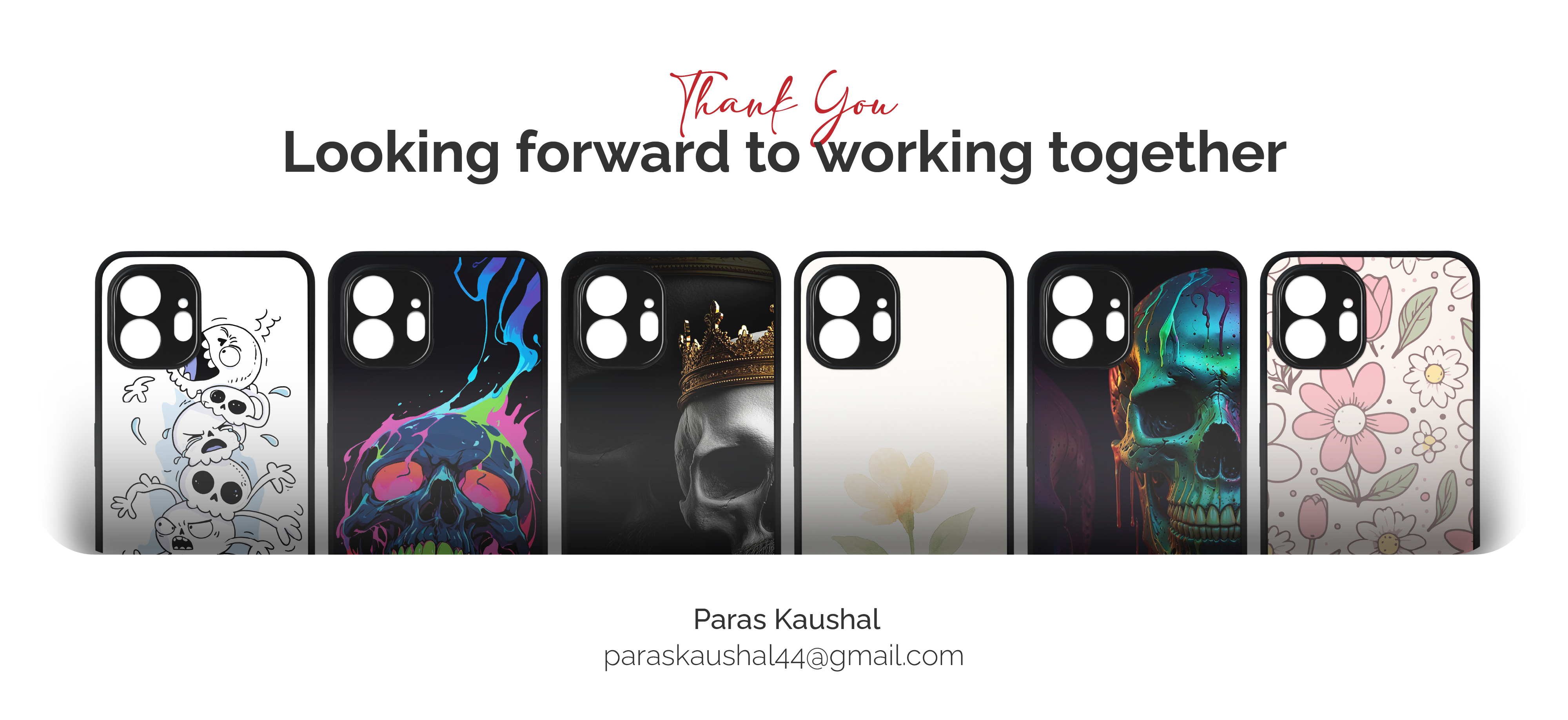Full lineup of six custom phone case designs showcasing diverse art styles