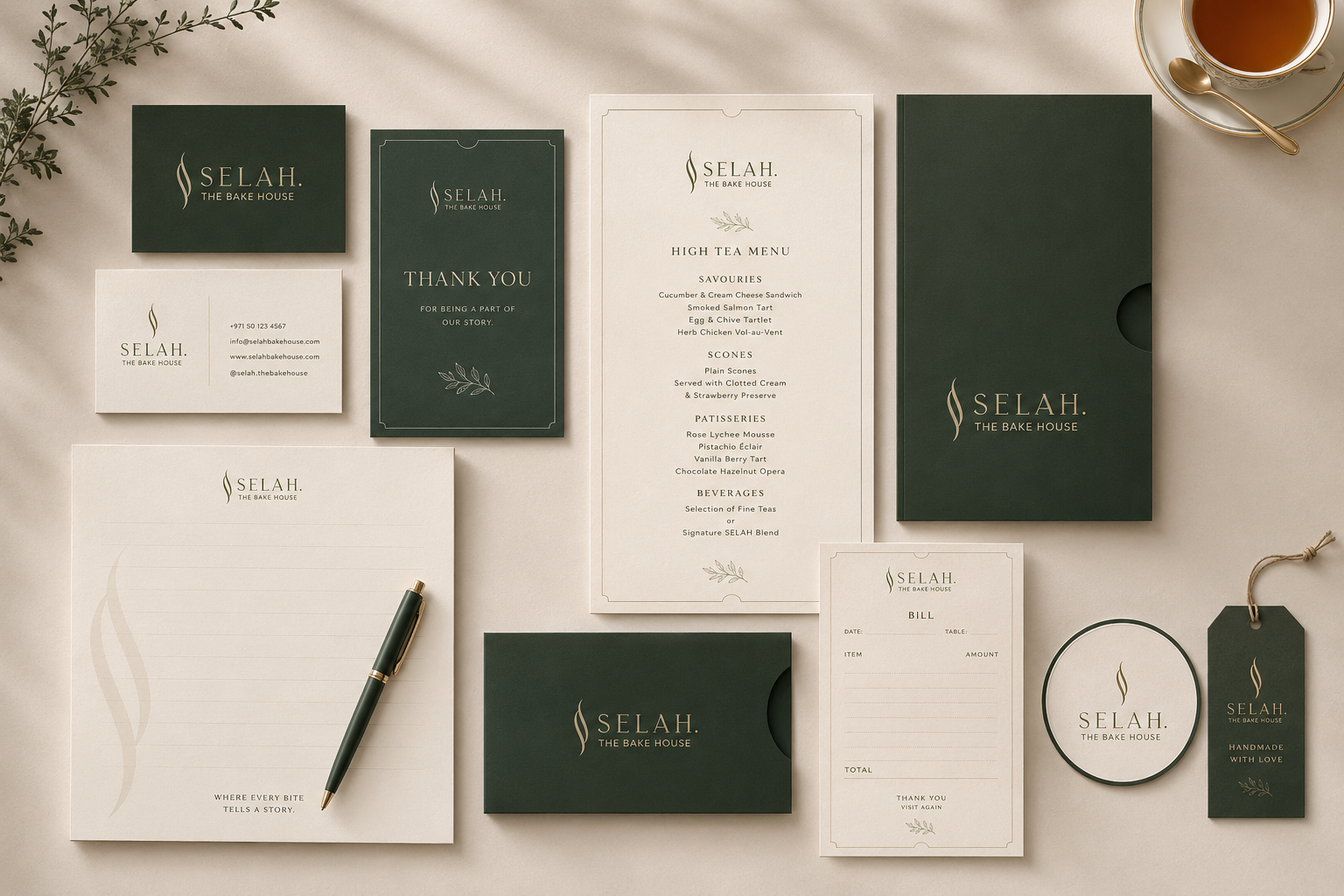 Selah complete stationery suite — business cards, menus, tags, letterheads, and more