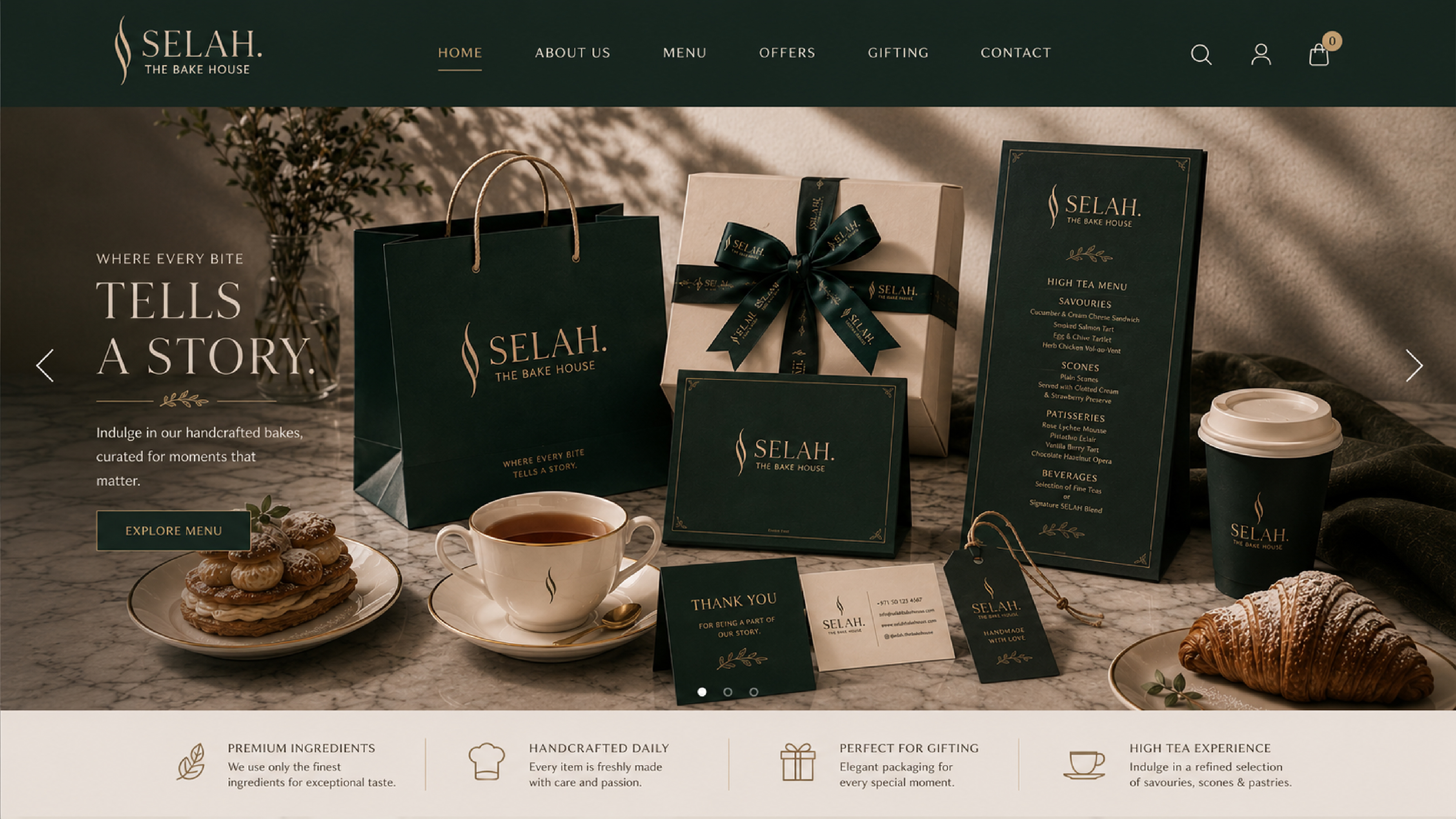 Selah — The Bake House complete brand identity — website, packaging, menu, and merchandise