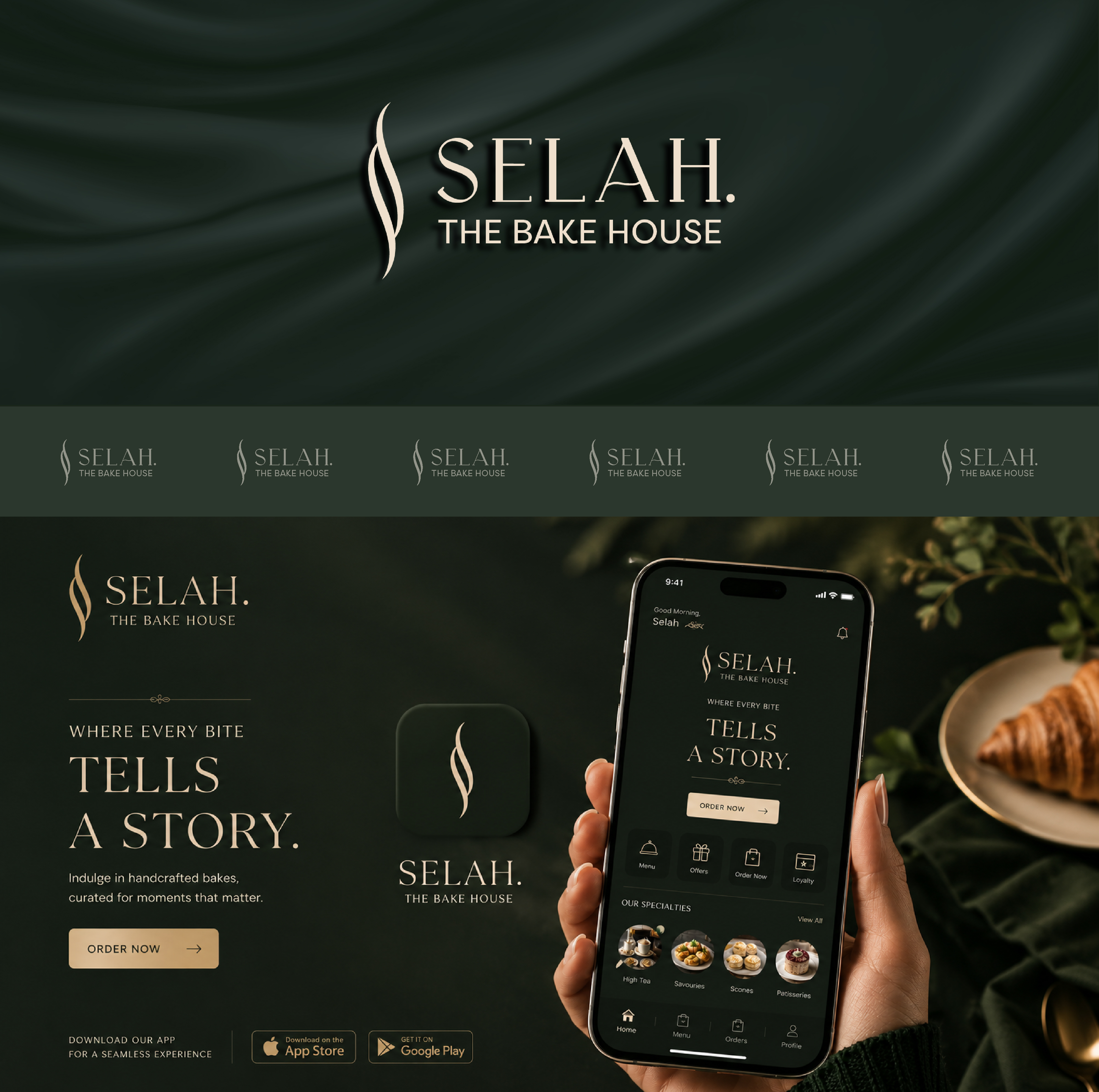 Selah brand showcase — logo variations, mobile app design, and social media template