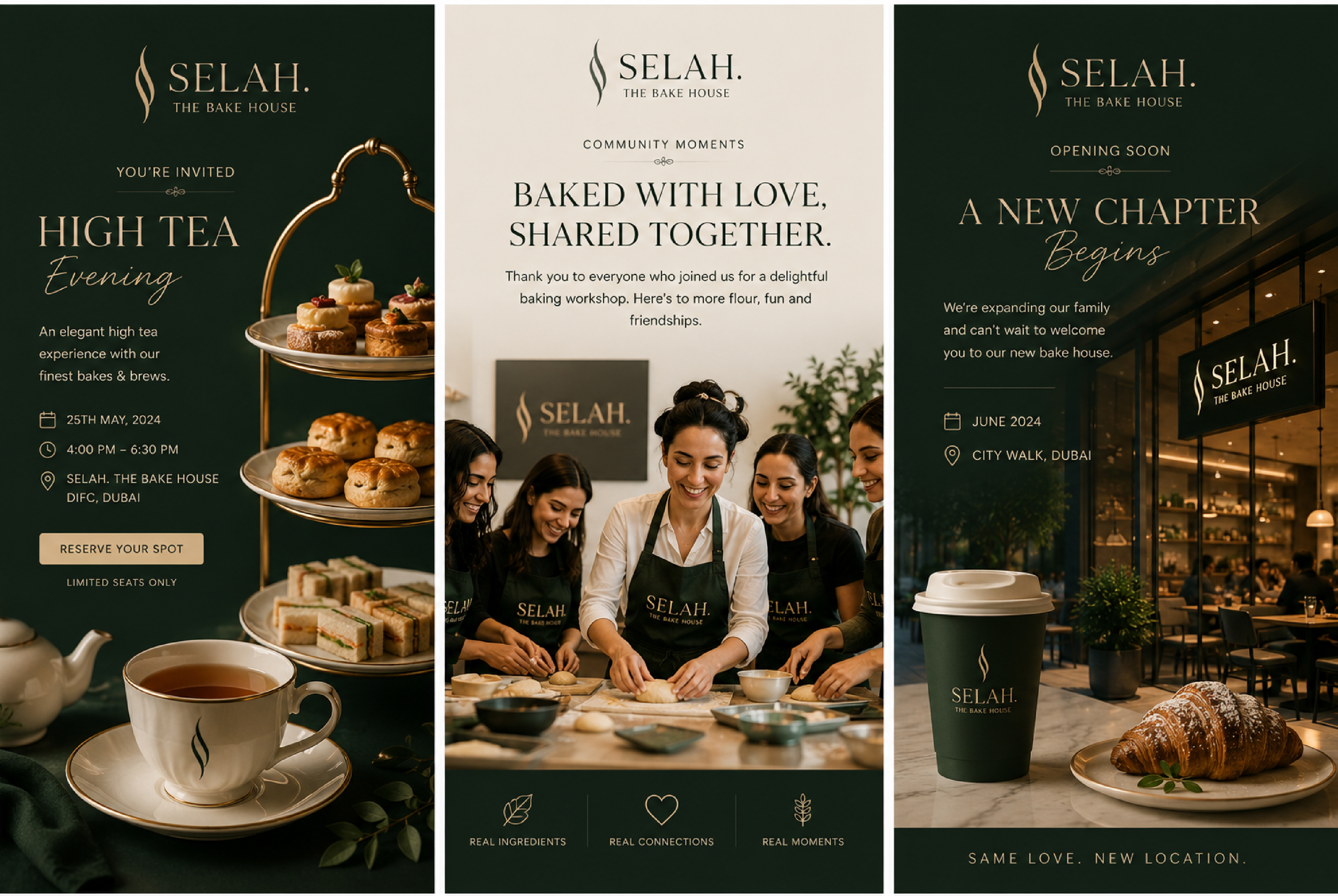 Selah social media posts — high tea evening, community baking, and new location launch