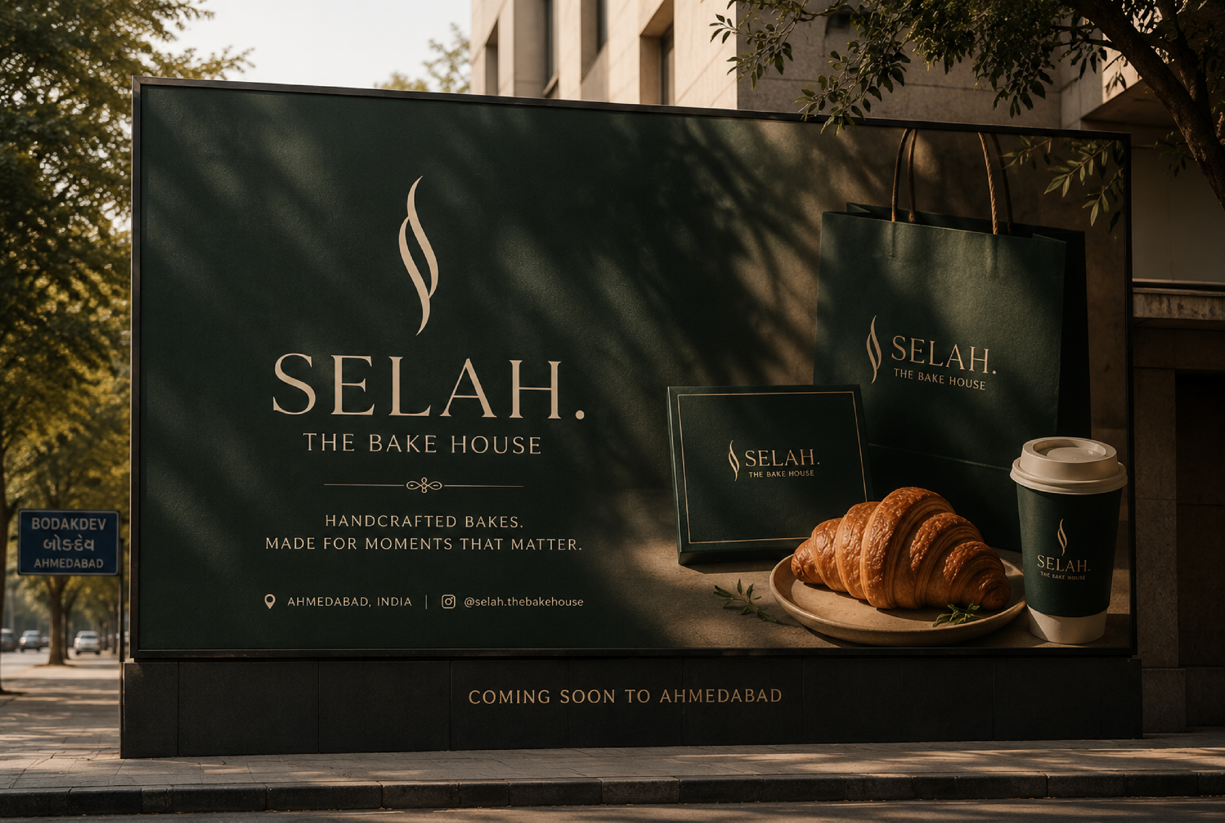 Selah outdoor billboard mockup — coming soon to Ahmedabad with branded packaging