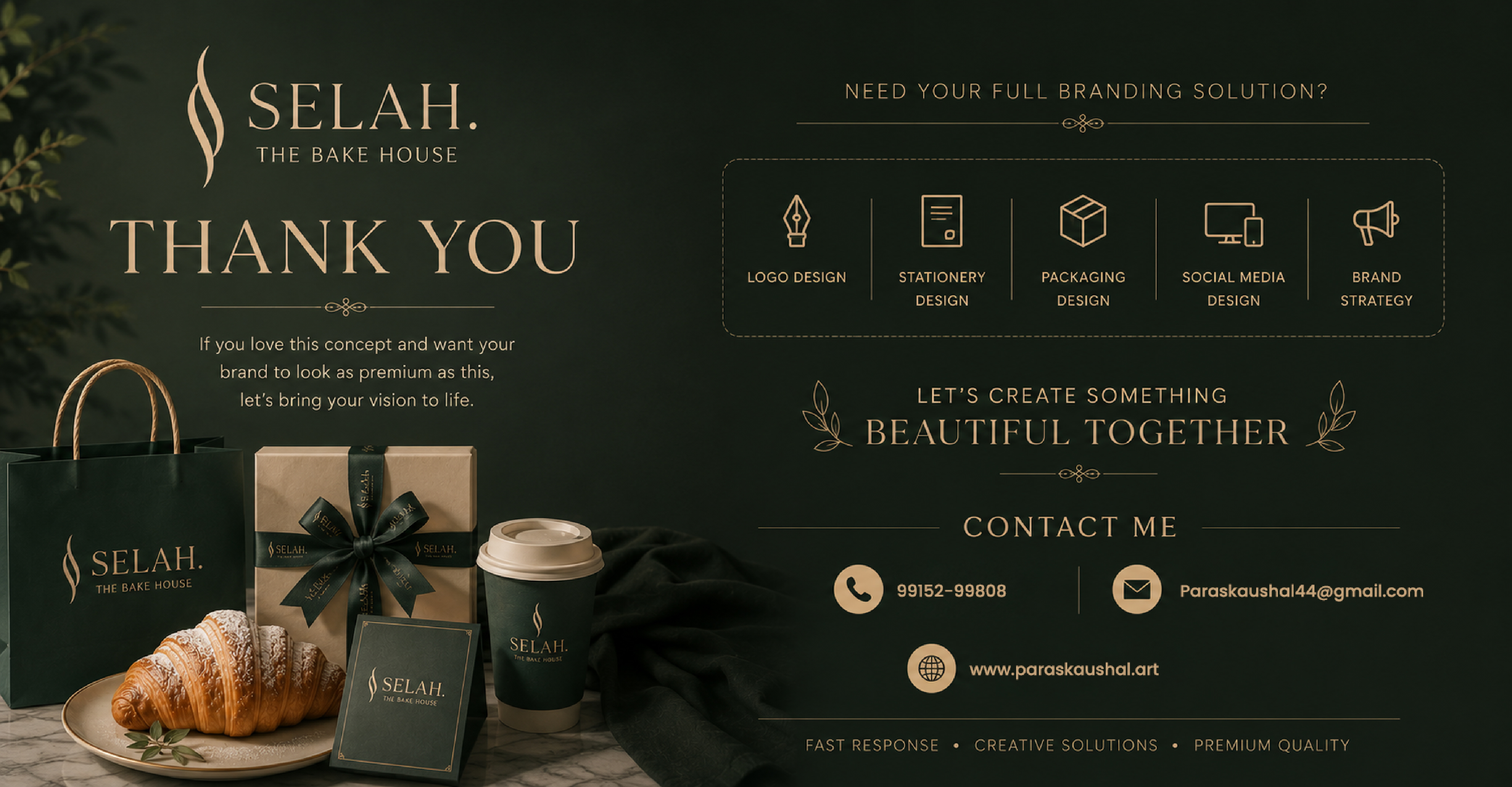 Selah branding — thank you slide with services offered: logo, stationery, packaging, social media, and brand strategy