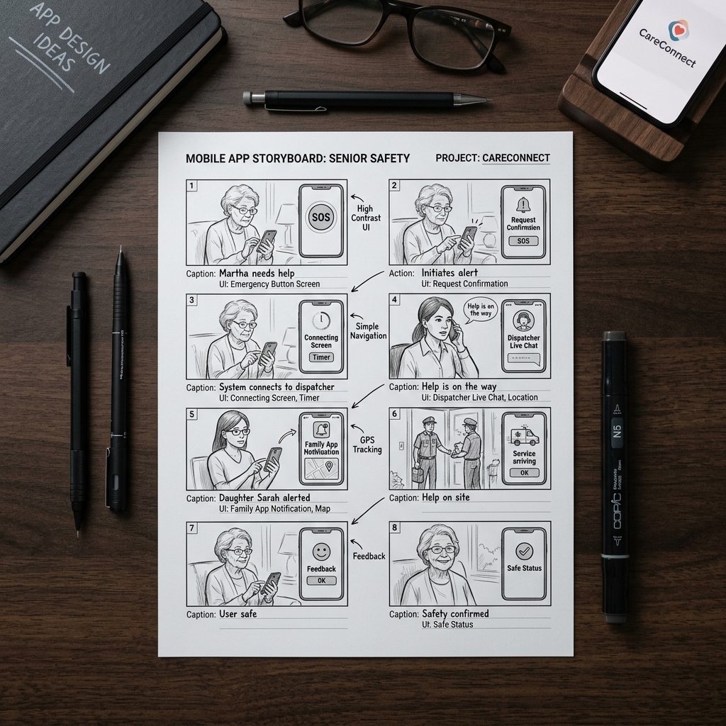 Storyboard sheet showing a mobile safety app step-by-step guide for senior citizens