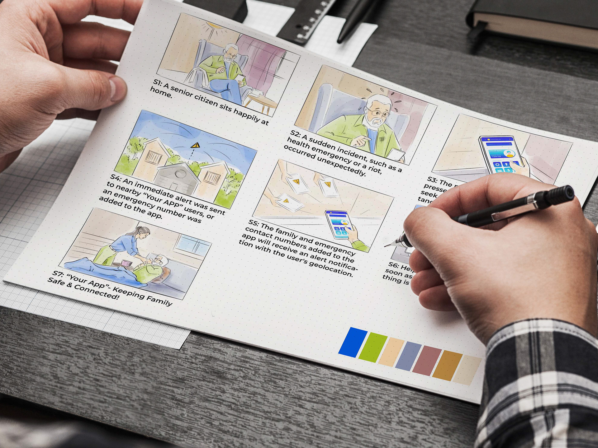 Storyboard sheet photographed on a desk for the mobile app step-by-step guide